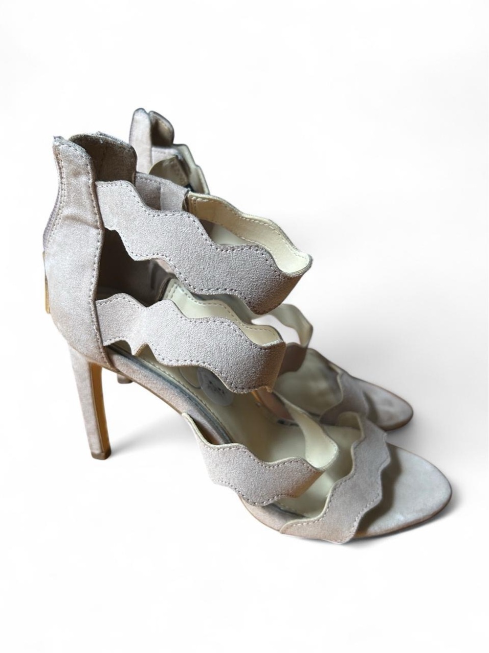 Jessica Simpson Taupe Faux Suede Scalloped Sexy Strappy Heels Romantic Feminine